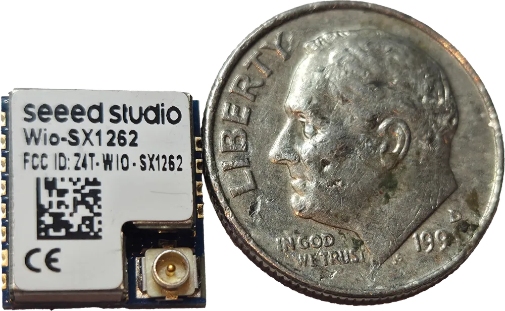 LoRa SX1262 Chip, less than half an inch wide, with a microcontroller, LoRa radio and antenna connections, all for around $5