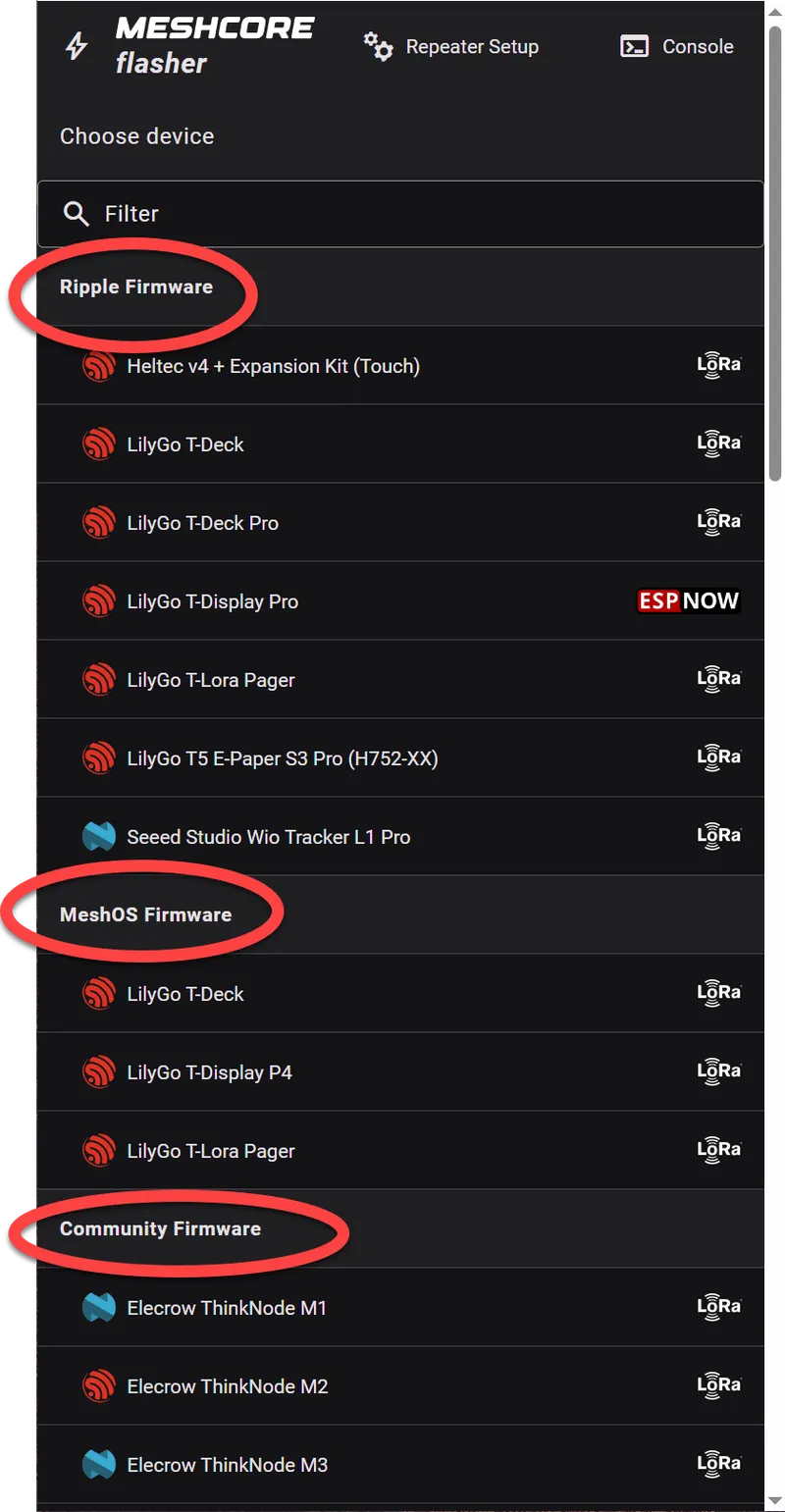 MeshCore Flasher device list