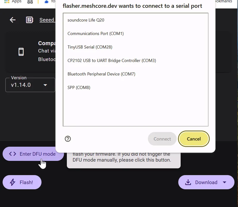 Browser serial port selection dialog
