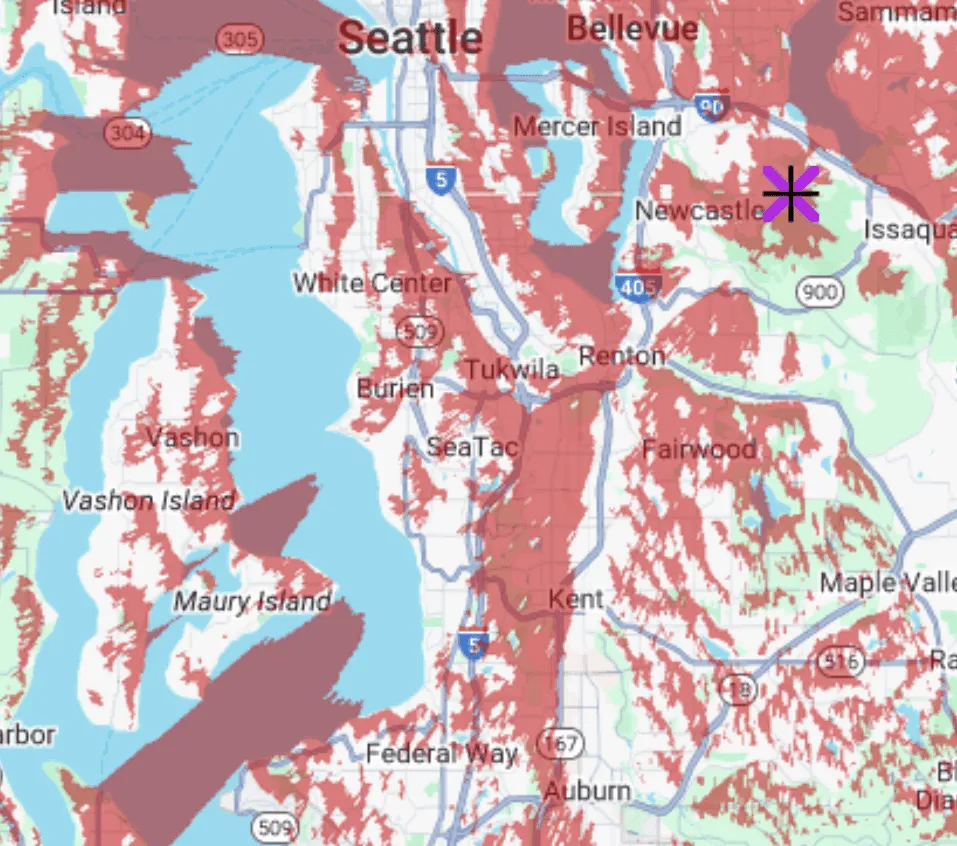 LoRa mesh network coverage map showing signal strength radiating from Cougar Mountain repeater location across Puget Sound region